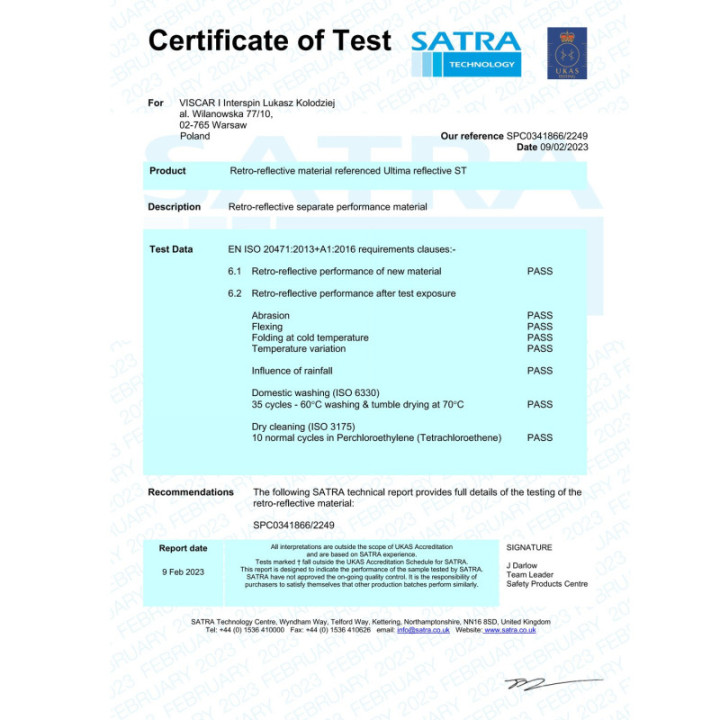 Ultima Reflective ST EN20471, Certyfikat